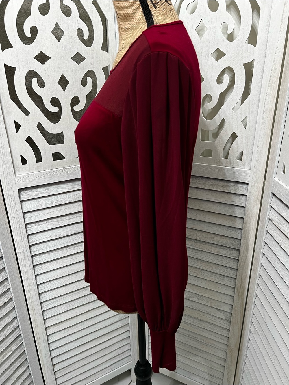 Lascana Women’s Mesh Yoke Long Sleeve Top - Burgundy - Picture 8 of 13